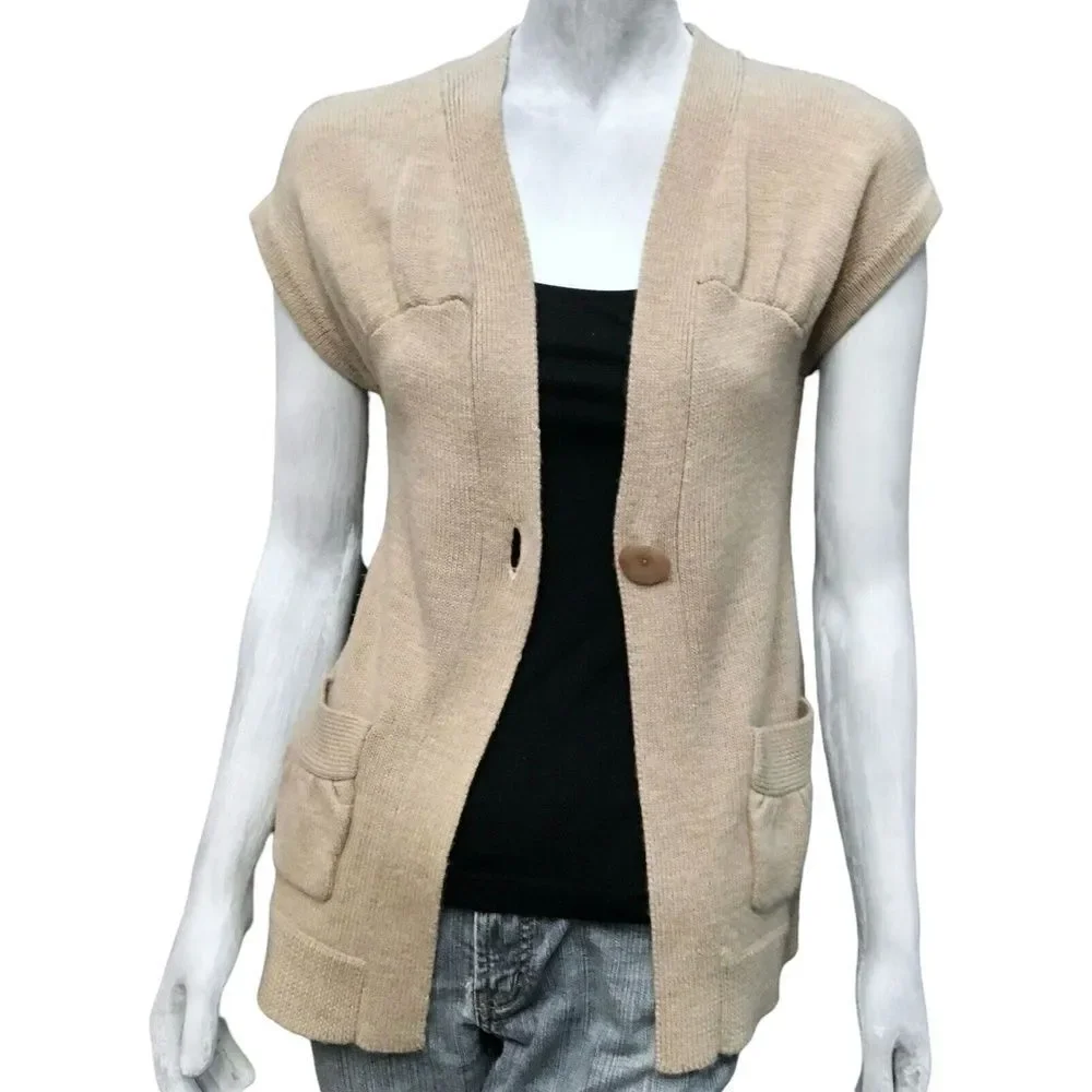 Beth Bowley Beige ButtonUp Minimalist SoftWool Short Sleeve Cardigan Womens S
